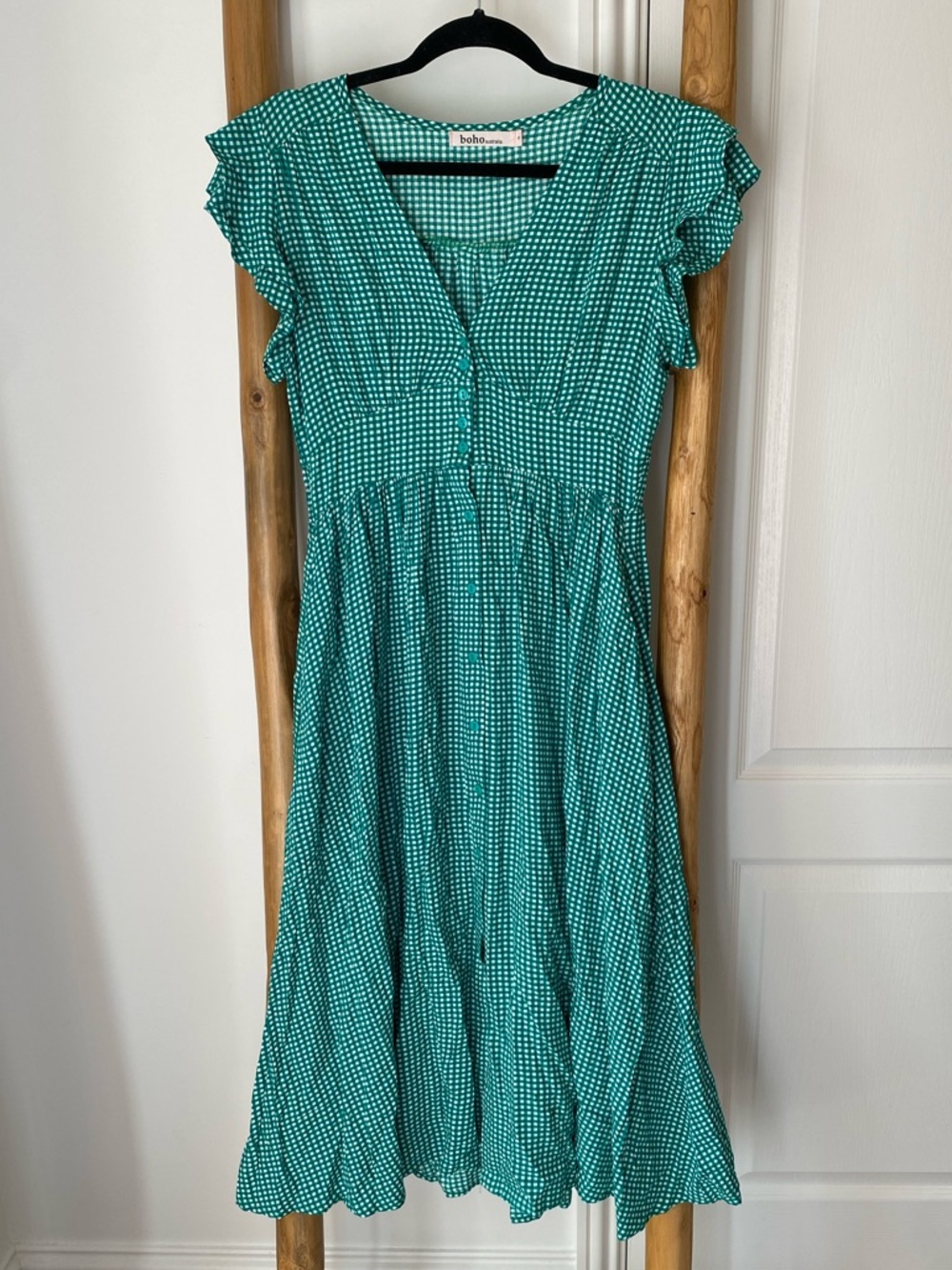 Boho Australia Mini Check Midi Dress Green White Size Small Spring Summer